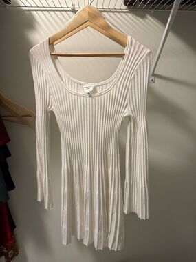 Ribbed Long Sleeve Scoop Neck Dress - White